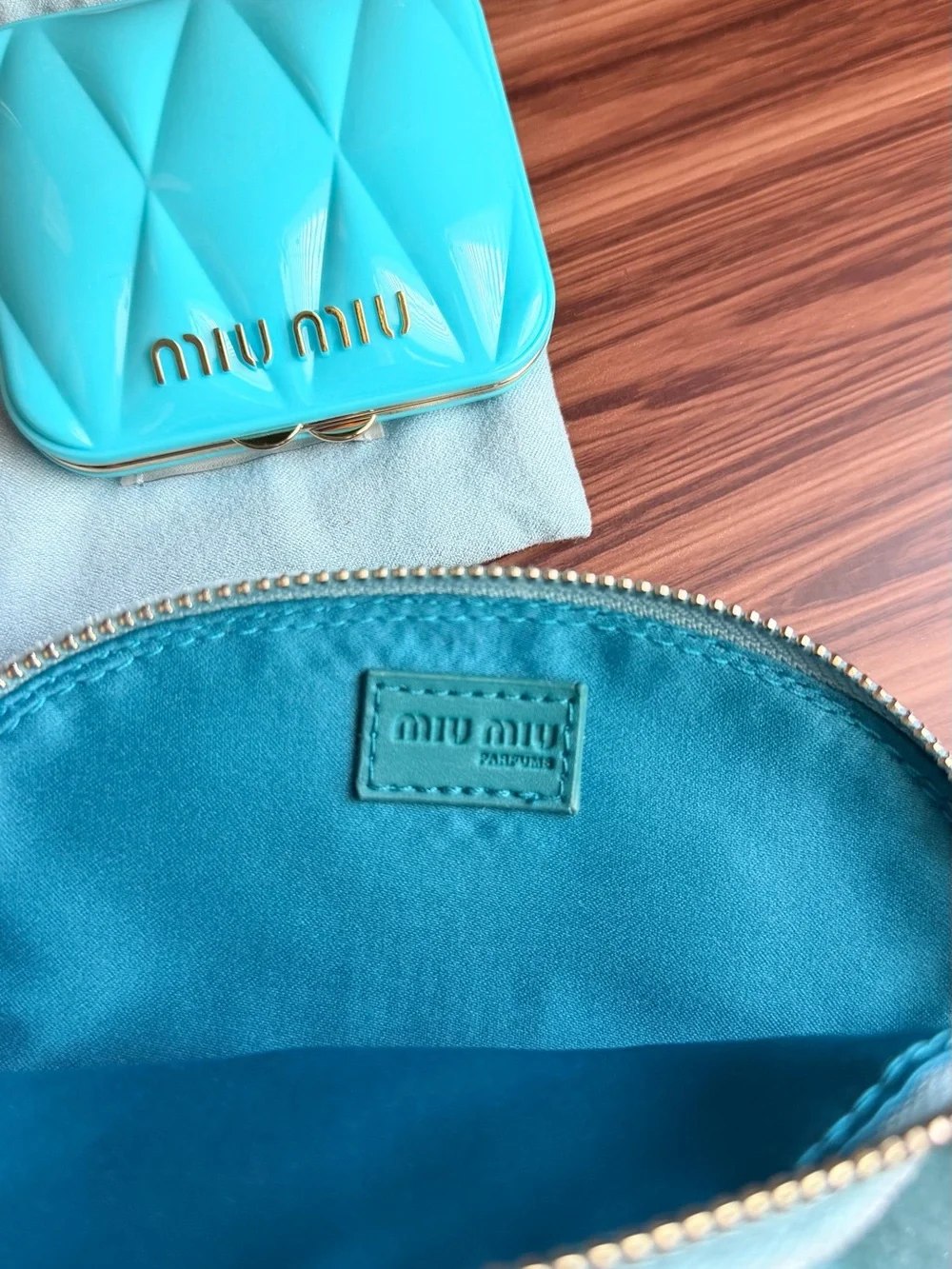 Miu Miu Turquoise Quilted Compact Mirror with Teal Velvet Pouch